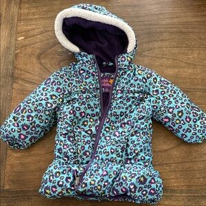 Pink Platinum Teal Leopard Print Puffer Jacket with Purple Trim